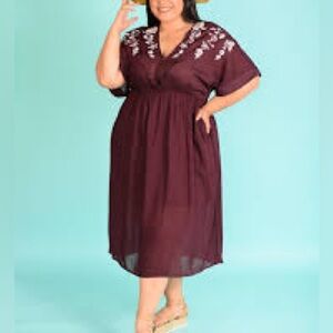 Hollister Burgundy Midi Dress with White Embroidery